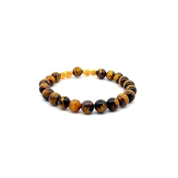 18K Gold Dragon Pixiu Double Piyao Lucky Charm Bracelet Gemstones Tiger's Eye 8m - Picture 2 of 4